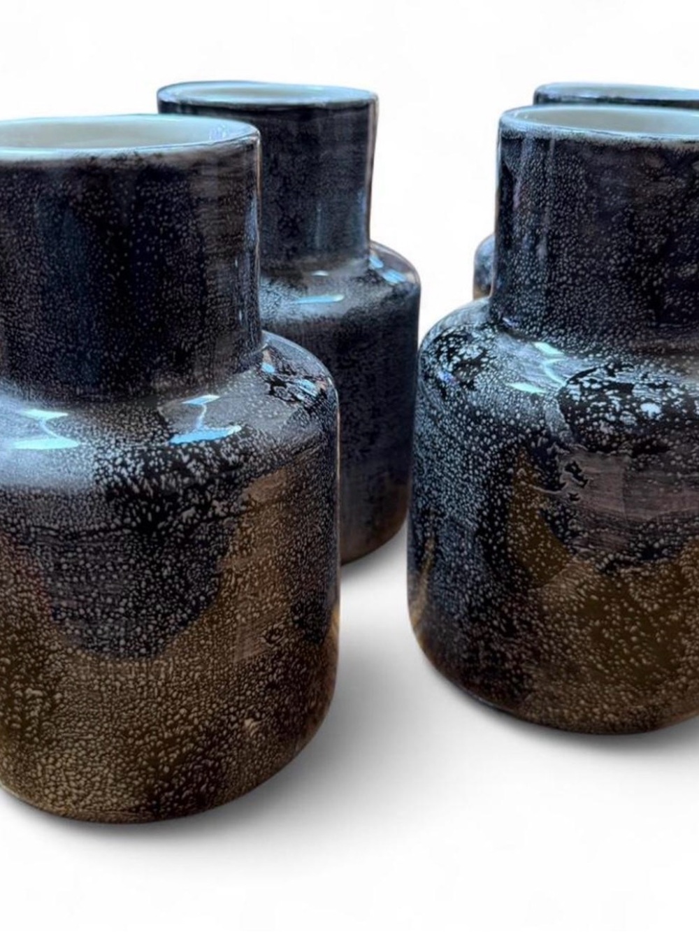Set of 4 Textured Ceramic Vases in Deep Black-Grey